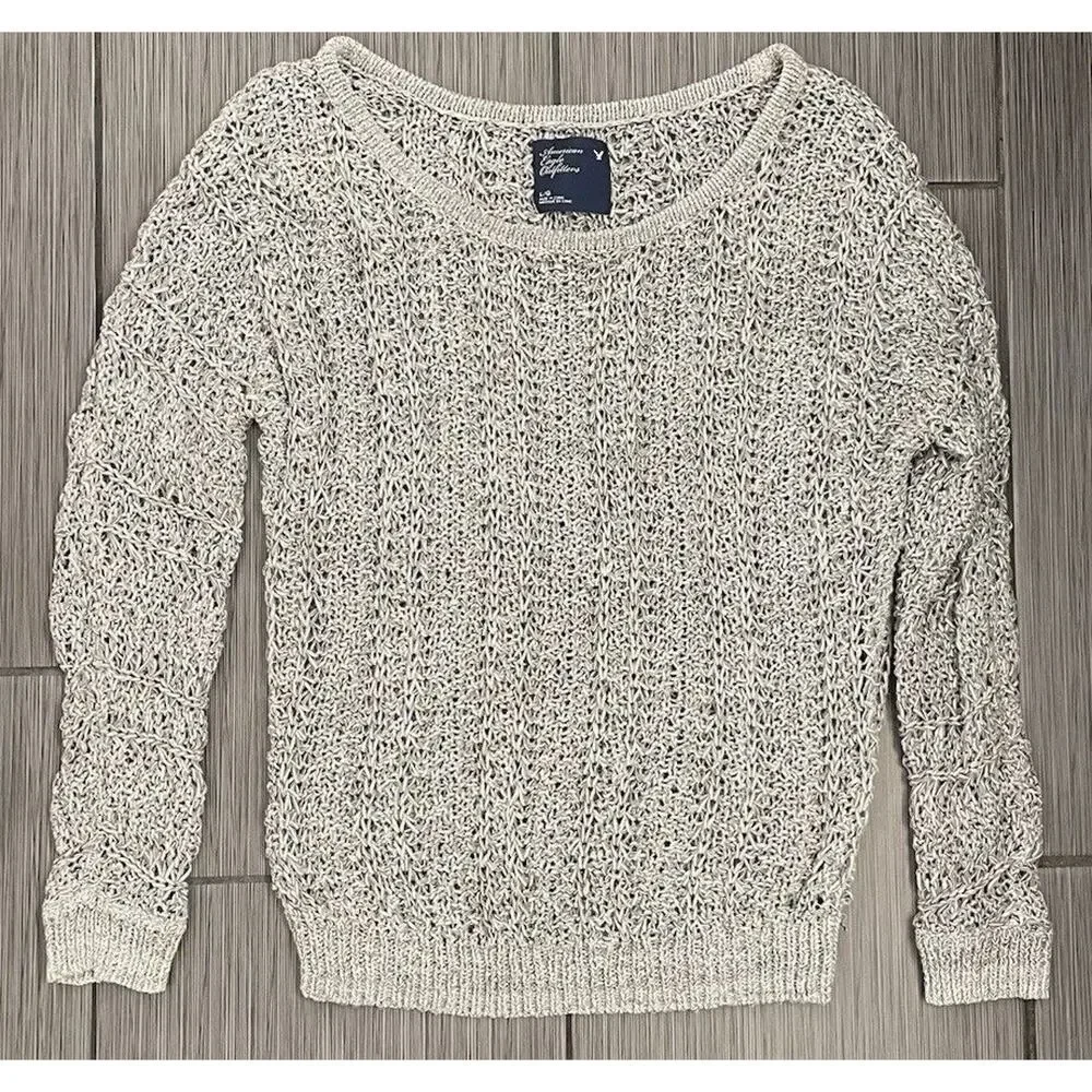 American Eagle Womens Heathered Gray Long Sleeve Open Knit Sweater Size Large